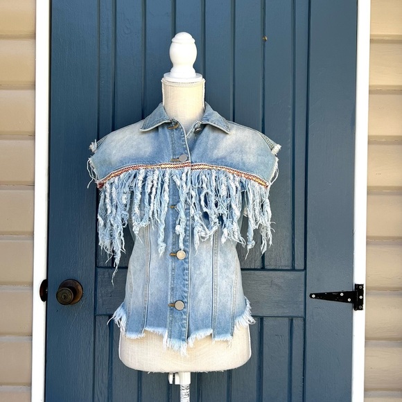 POL Denim Vest with Fringe Women Size M - Picture 1 of 8